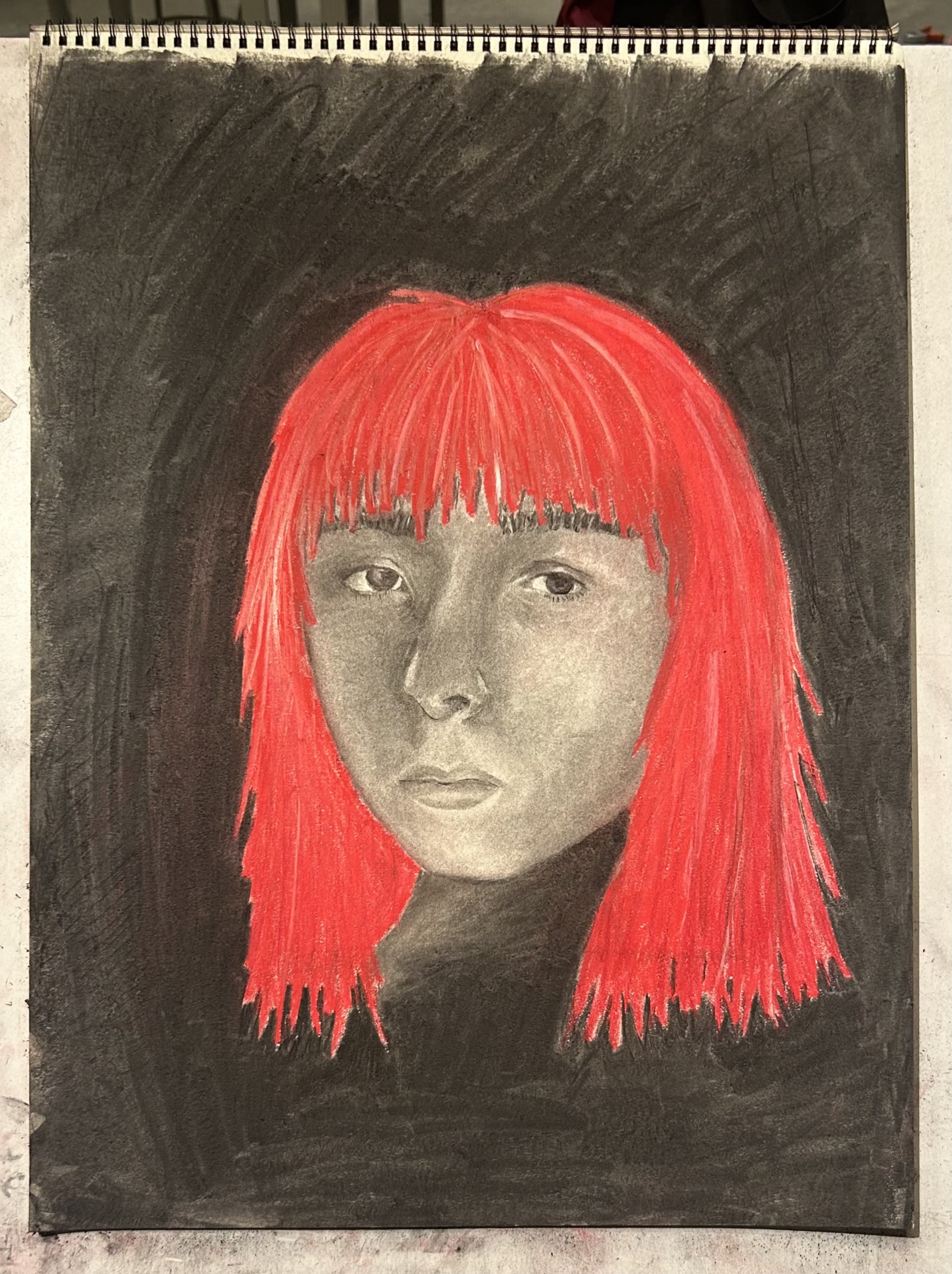 Self Portrait, charcoal and colored pencil, Winter 2024